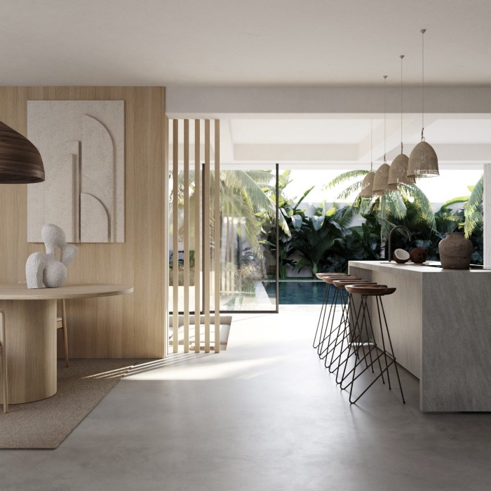Moderna sala de estar abierta con piscina tropical en Nueva Andalucía, España